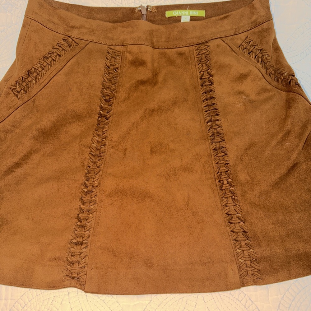 Gianni Bini Suede Braided Lace Brown Soft Suede Skirt Boho Hippie Festival Sz M